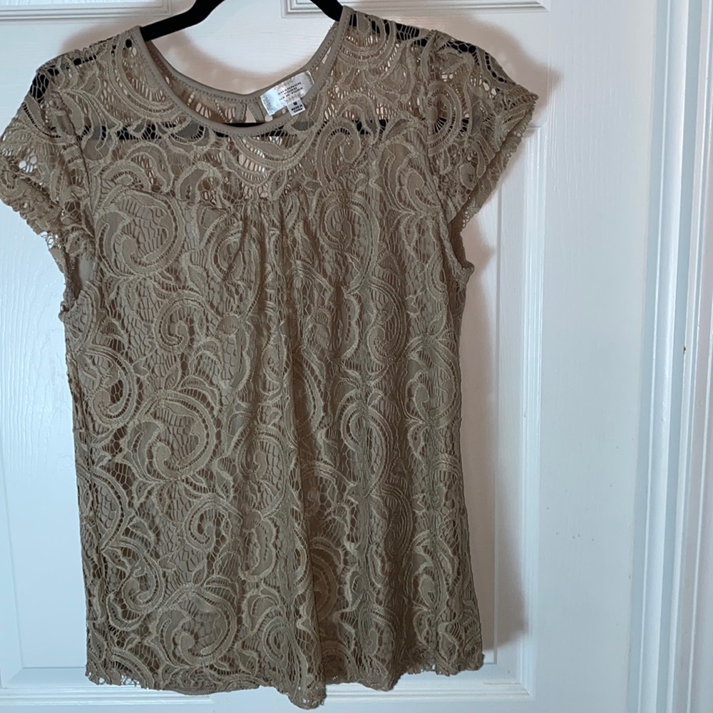 Shannon Ford New York Lace Overlay Cap Sleeve Top Blouse Pullover keyhole Sz Med